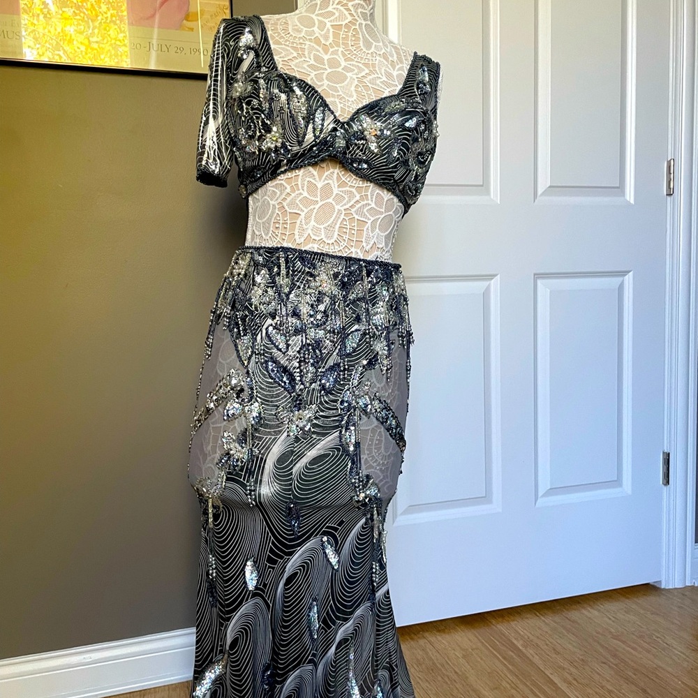 Silver metallic belly dance costume with asymmetrical sleeve